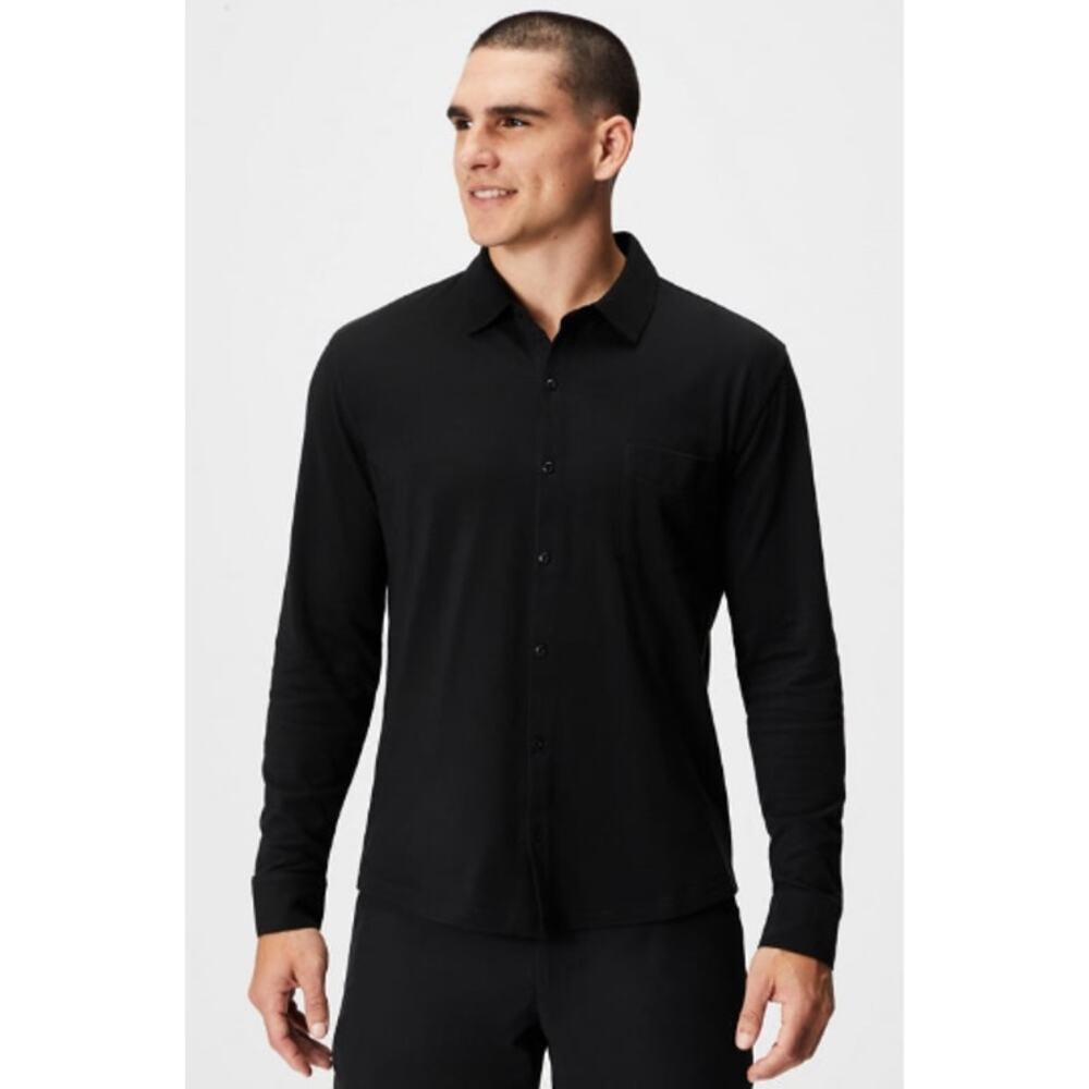 Fabletics Mens Medium Button Down Shirt Black Cotton Blend Long Sleeve